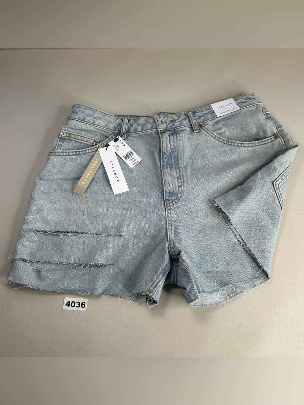 Topshop Women’s Denim Short 10 Ripped Raw Hem Blue High Rise